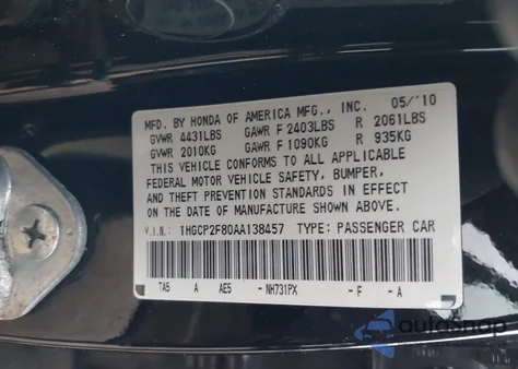 2010 Honda Accord 2.4 Ex-L from USA, damaged, VIN 1HGCP2F80AA138457